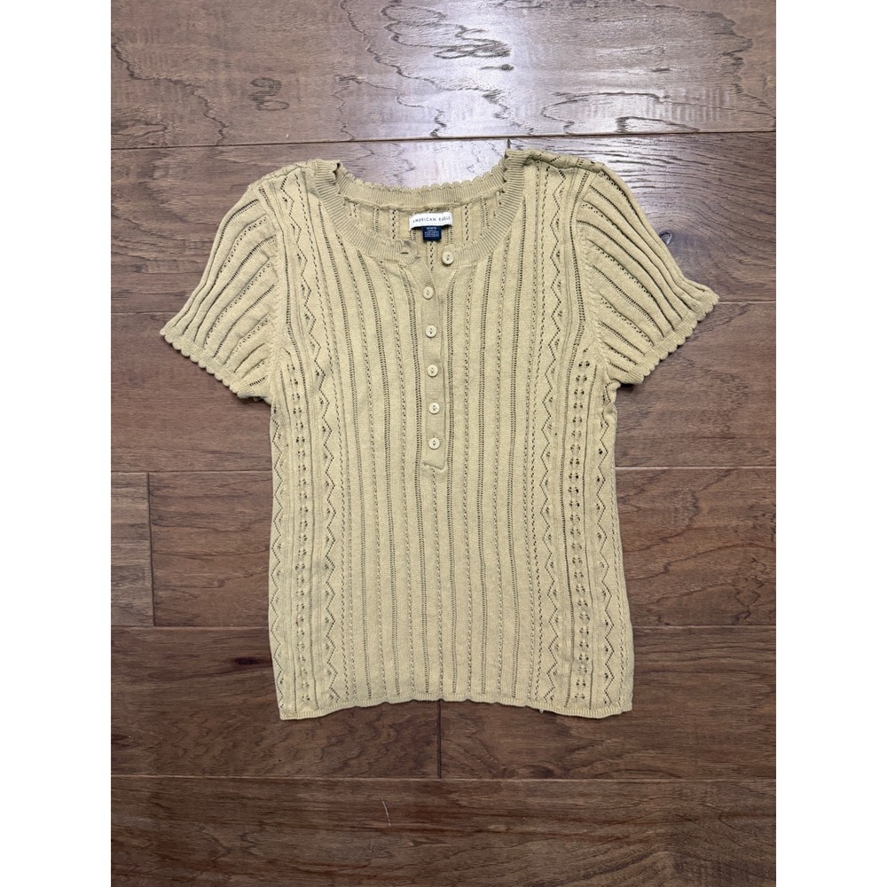 American Eagle Sweater Top Women Medium Tan Pointelle Knit Henley Scallop Boho